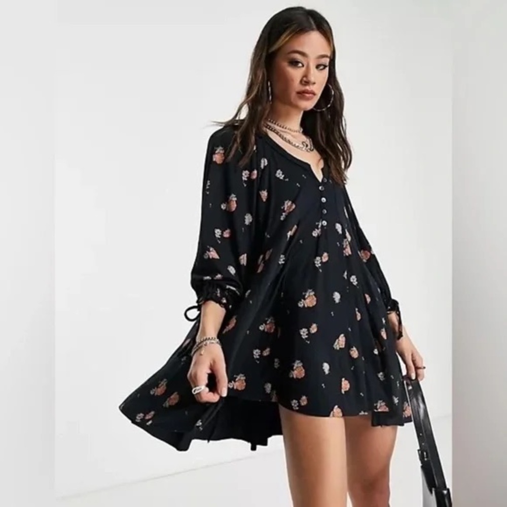 Free People Winter Sun Floral Tunic Dress Black Oversized - Size M